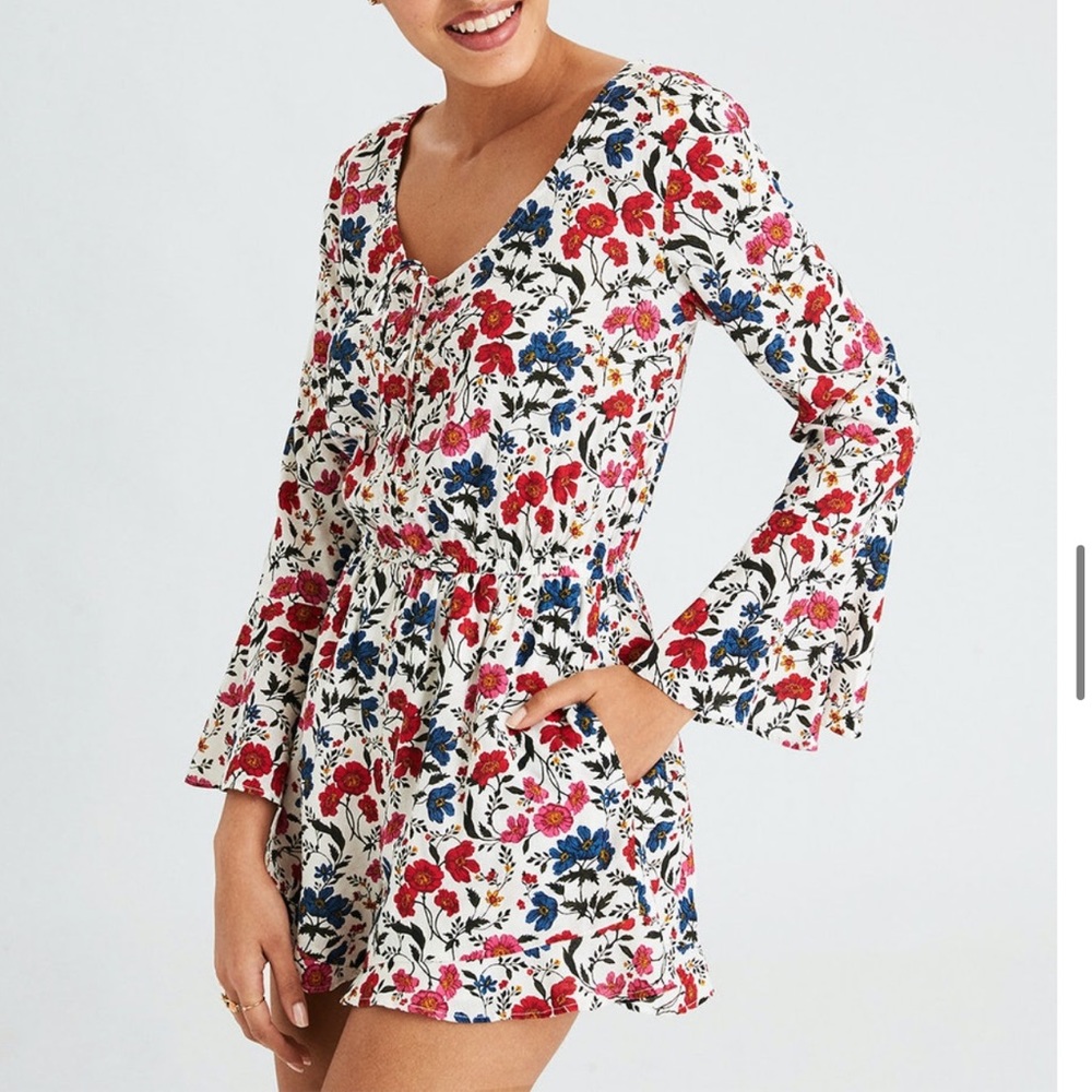 American Eagle AE Floral Long Sleeve Romper Dress